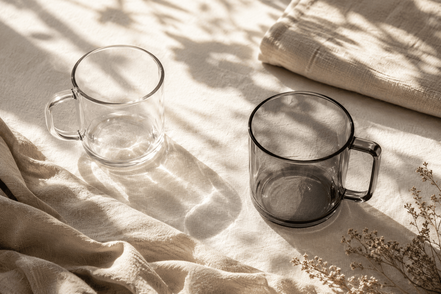 A heat-safe borosilicate cup beside a shatterproof Tritan cup, illustrating care guidance
