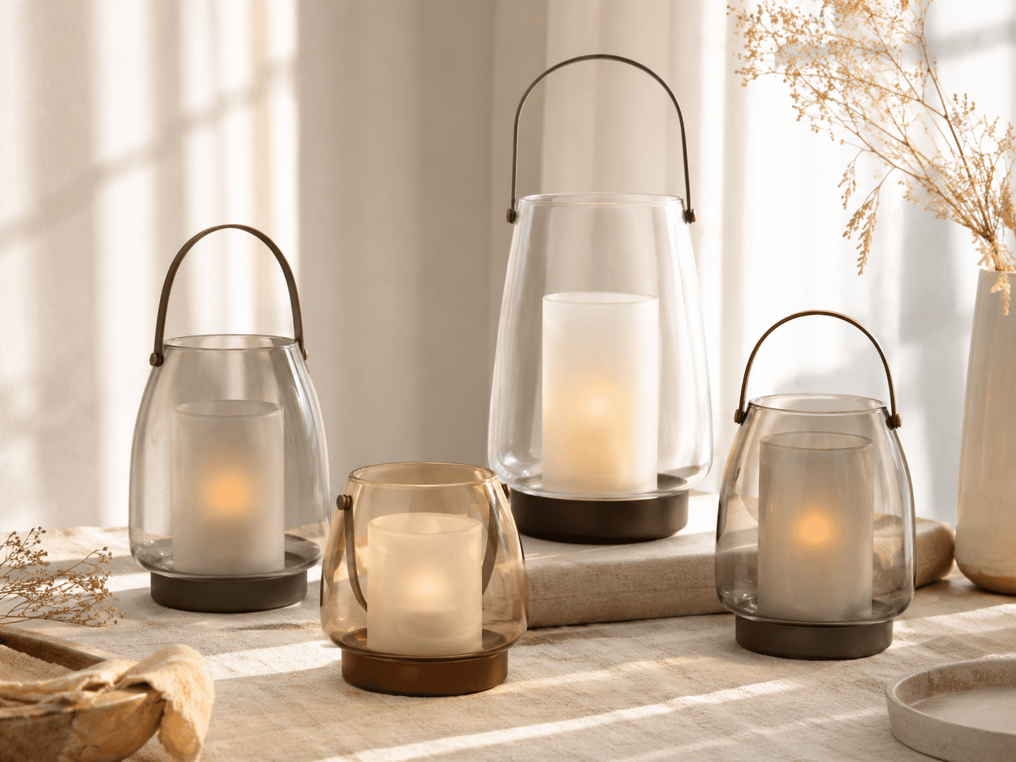 Ambiance — Hurricane shades and flameless LED lanterns for soft light.