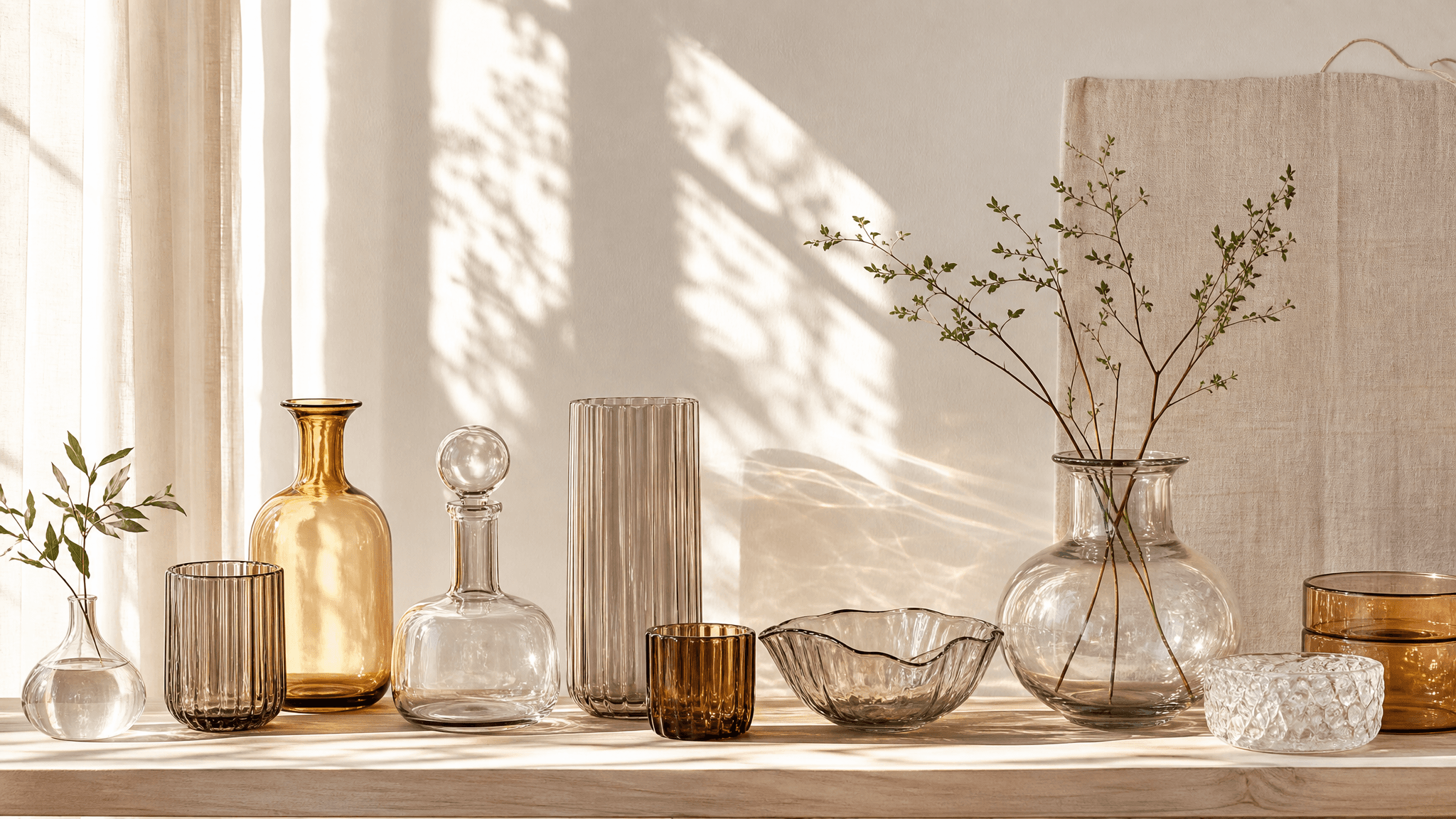 Morning sunlight passing through a row of clear and amber glass homeware on a pale shelf