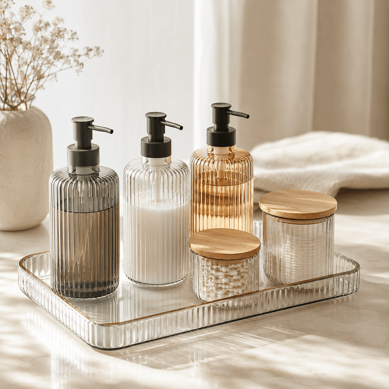 Bath & Vanity Organizer Set — Refillable ribbed bottles and jars that make a vanity feel calm.