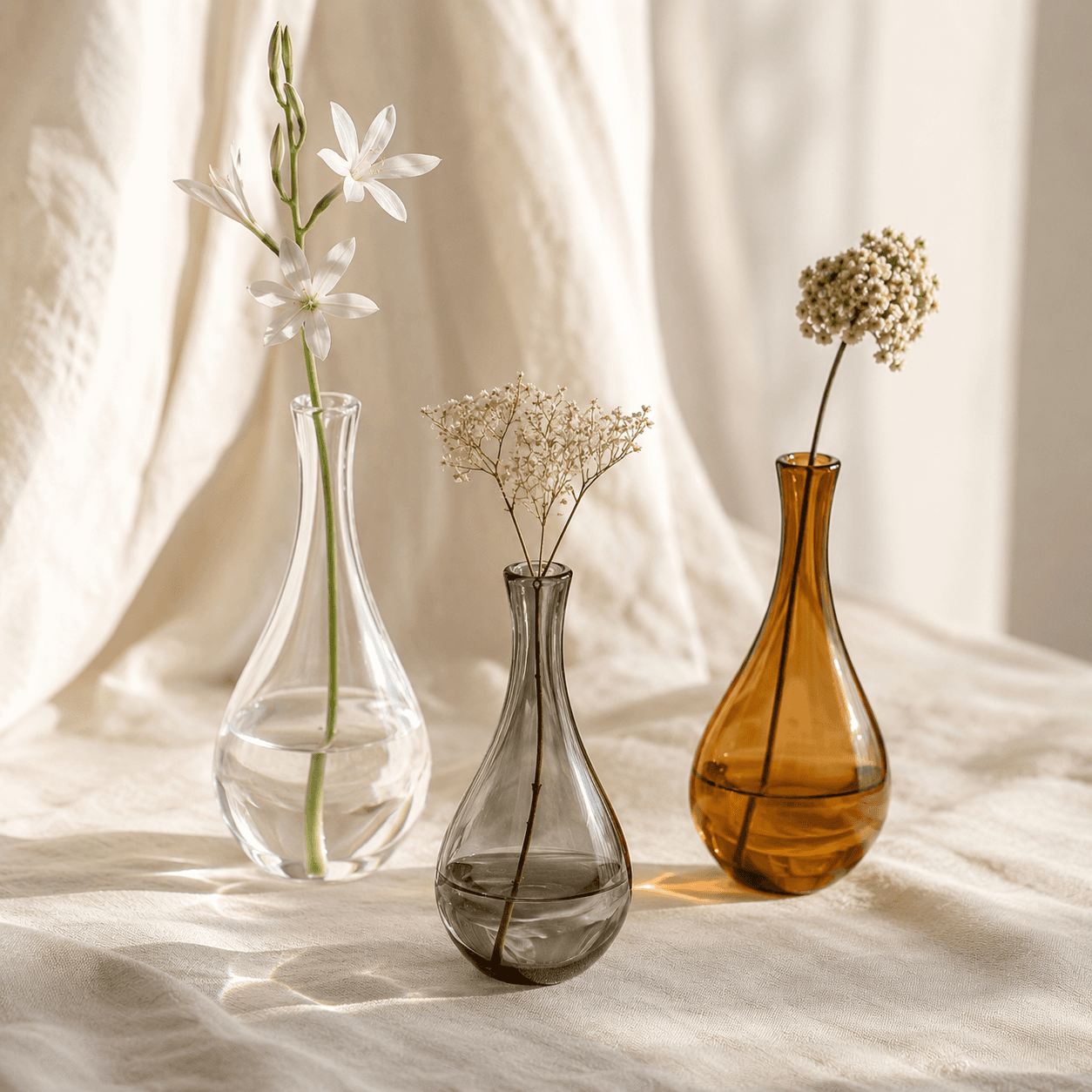 Nordic Bud Vase Trio — Three staggered hand-blown vessels for a single stem on the windowsill.