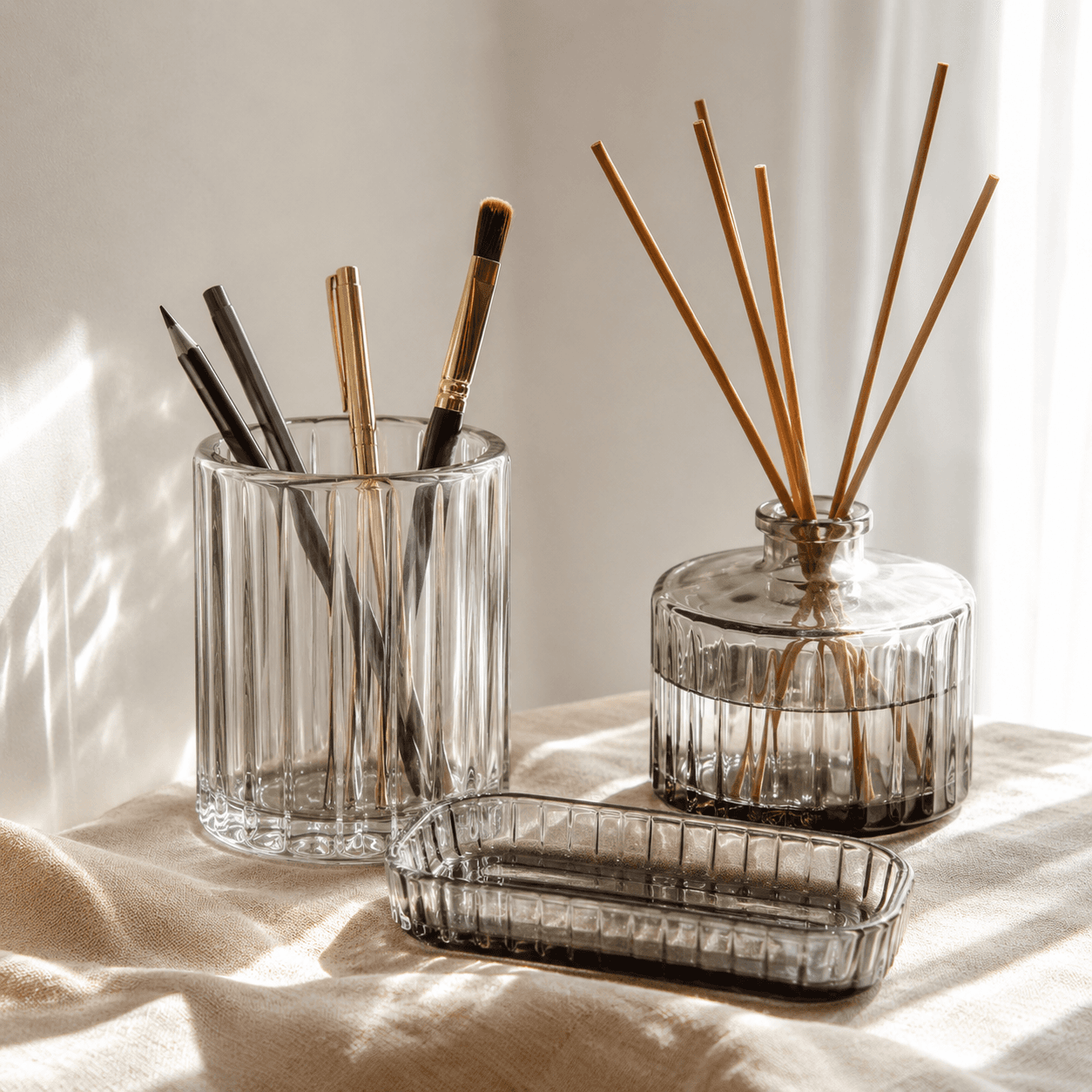 Desk & Study Glass Set — A clear, quiet desk corner: organize, then diffuse a little calm.
