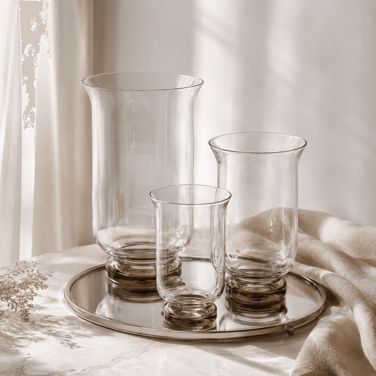 Hurricane Candle Glow Set — Nesting hurricane shades that read as one calm, glowing centerpiece.