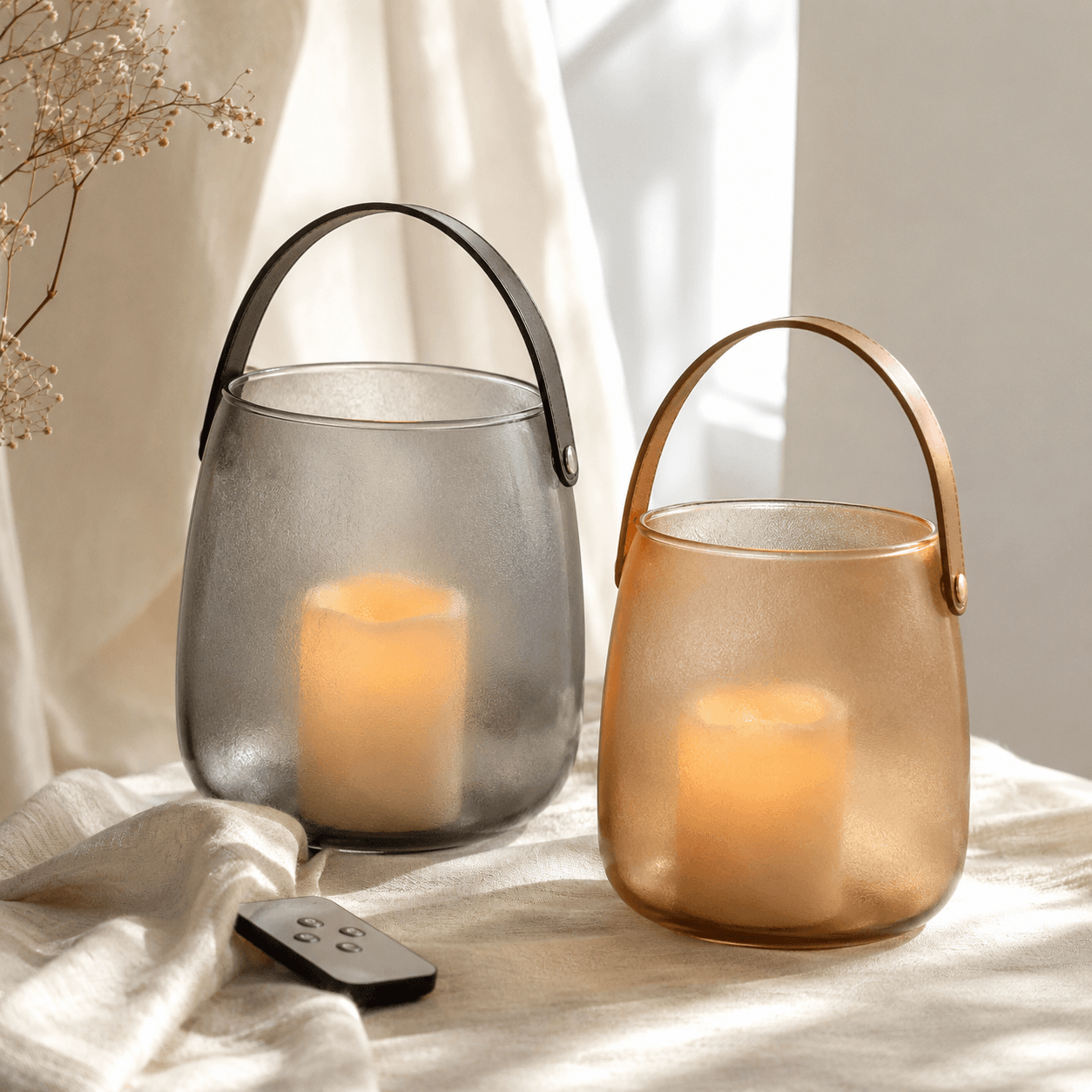 Ambient LED Glass Lantern Set — Flameless, frosted lantern light for the bedroom or balcony.