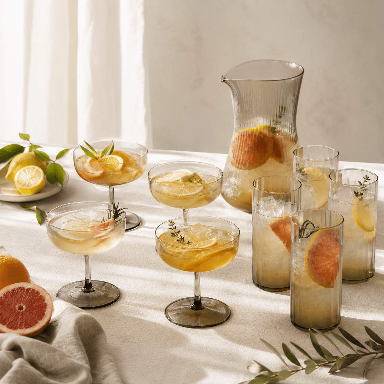 Mocktail & Mixology Glass Set — Empty glassware for alcohol-free mocktails and fruit spritzers. Vessels only.