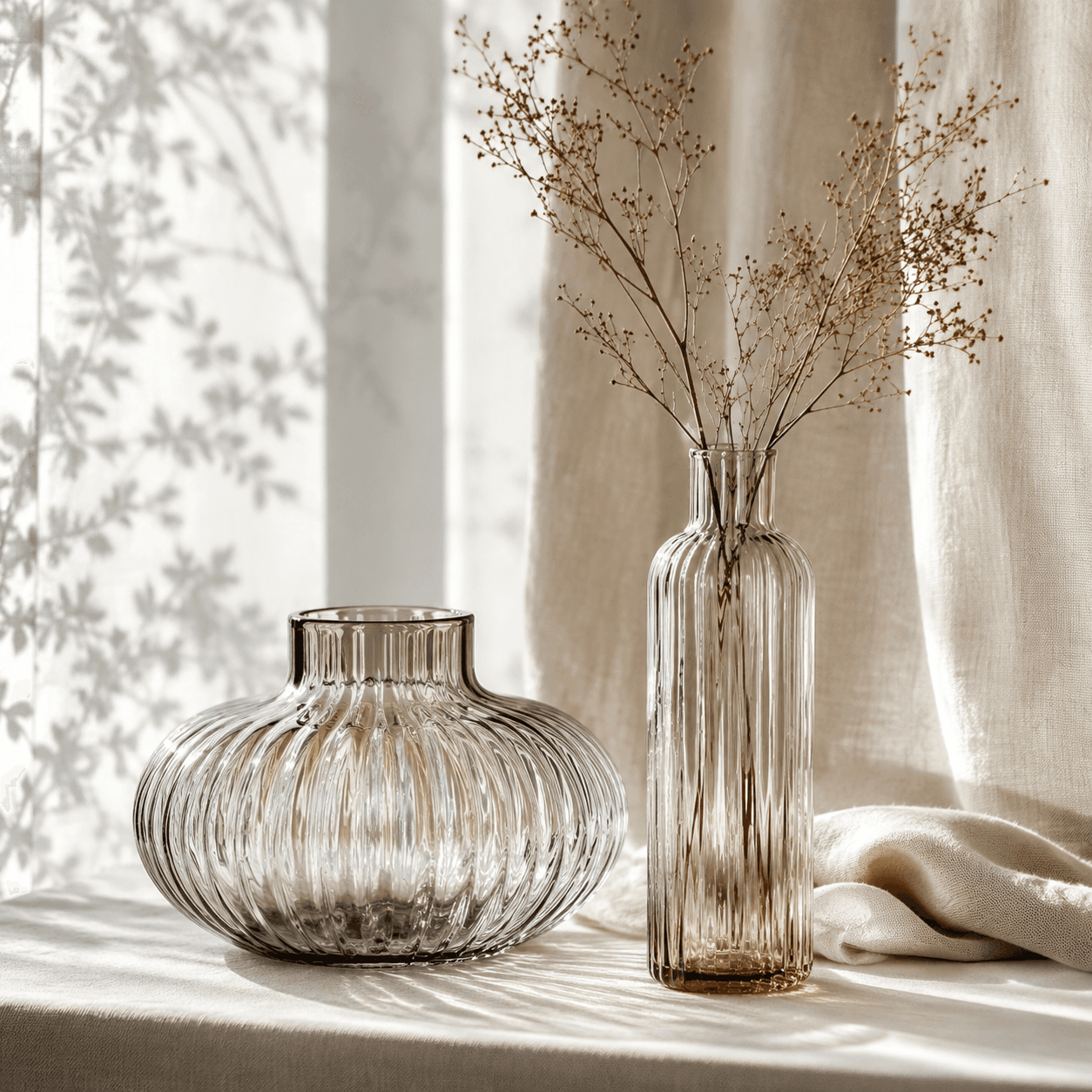 Statement Vase Duo — A ribbed wide vessel and a tall fluted vase for full bouquets or dried branches.