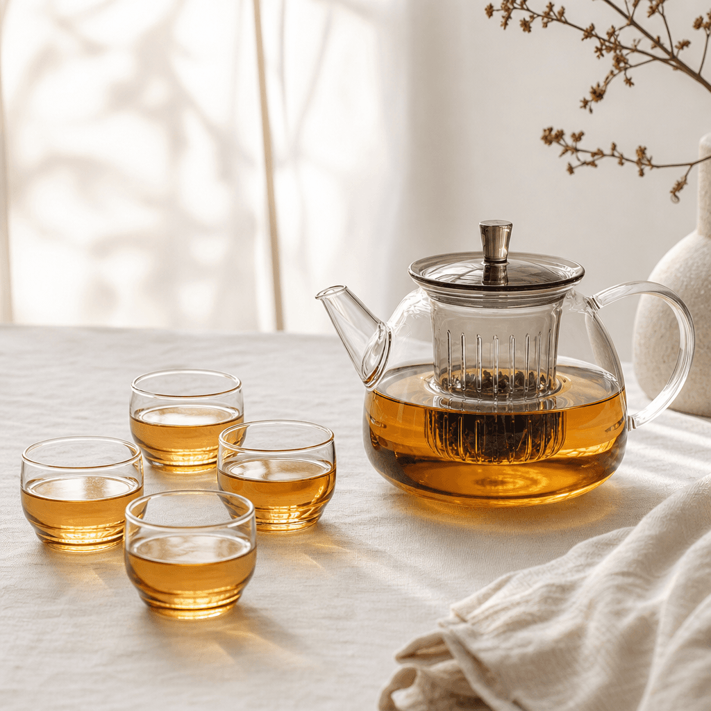 Daybreak Tea Ceremony Set — Watch the brew bloom through a clear borosilicate pot with a glass infuser.