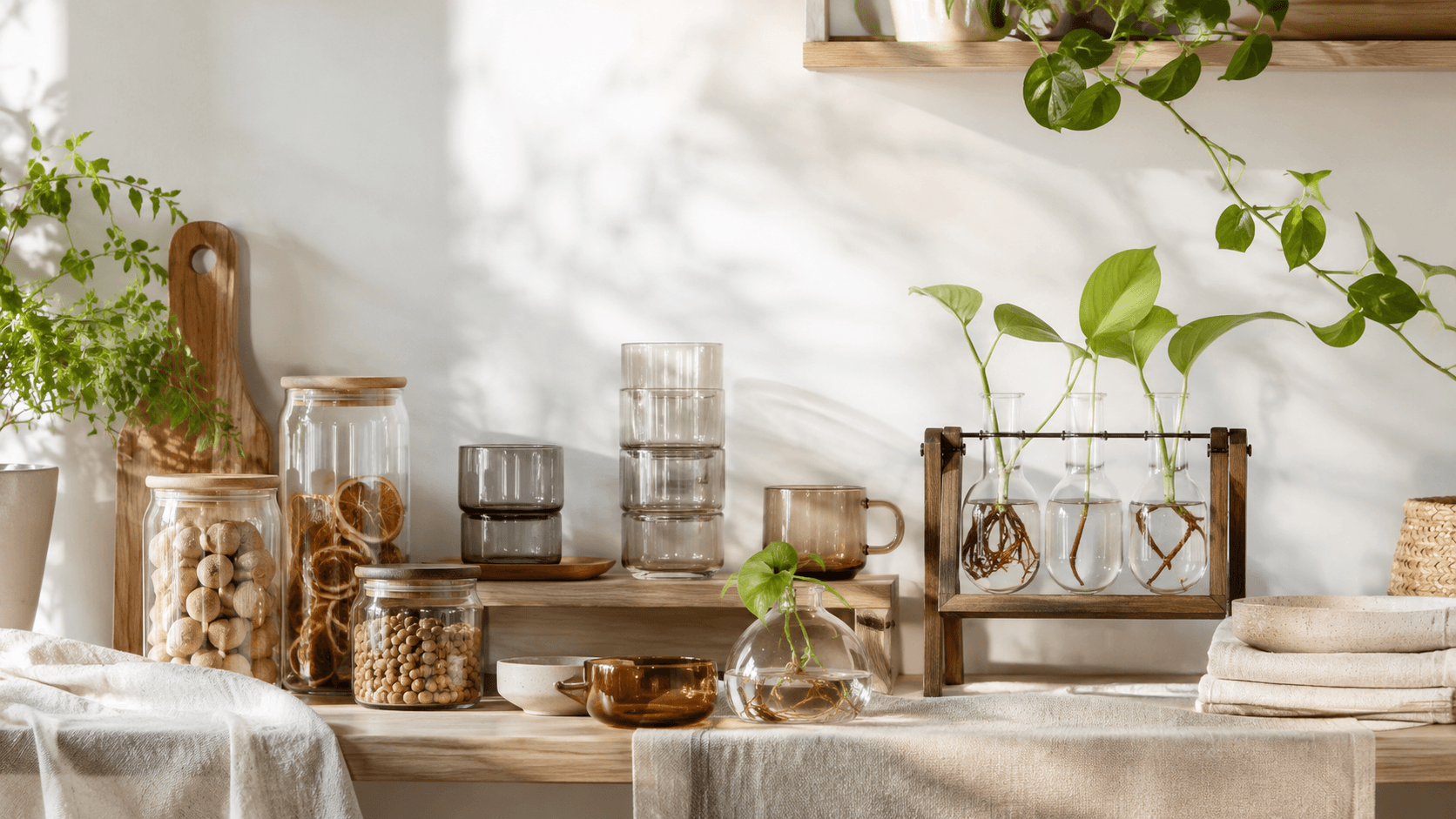 Kitchen styled with Vitreo glass — Jars, cups and cuttings on a morning shelf.
