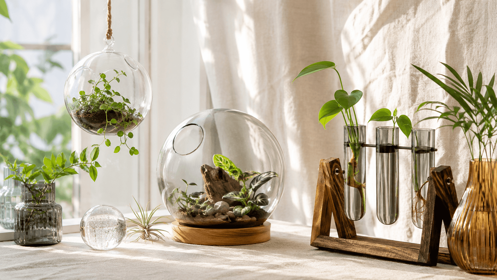 Plant Corner styled with Vitreo glass — Terrariums and propagation glass by the window.